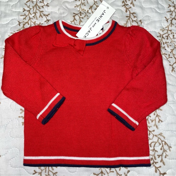 NWT Janie and Jack red holiday Christmas knit striped baby bow sweater 3-6 month - Picture 2 of 8